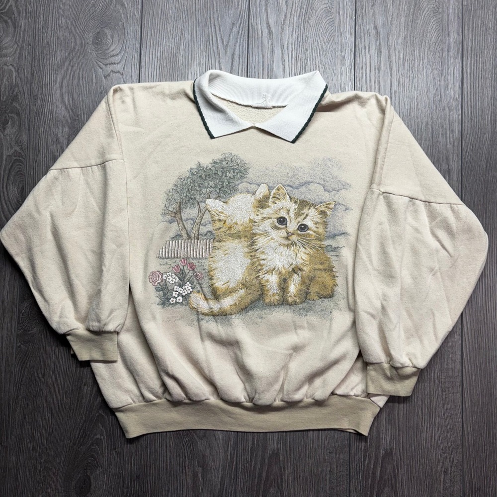 Vintage Kitten Cat Graphic Medium Collared Sweatshirt Beige Preppy Cottagecore - Picture 1 of 8